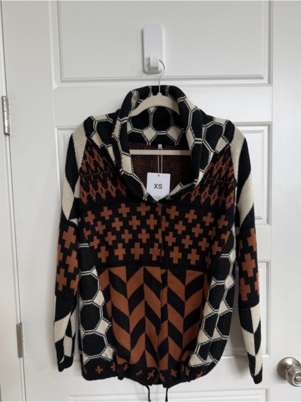 Boho Geometric Cowl Neck Sweater Oversized Chunky Knit NWT XS